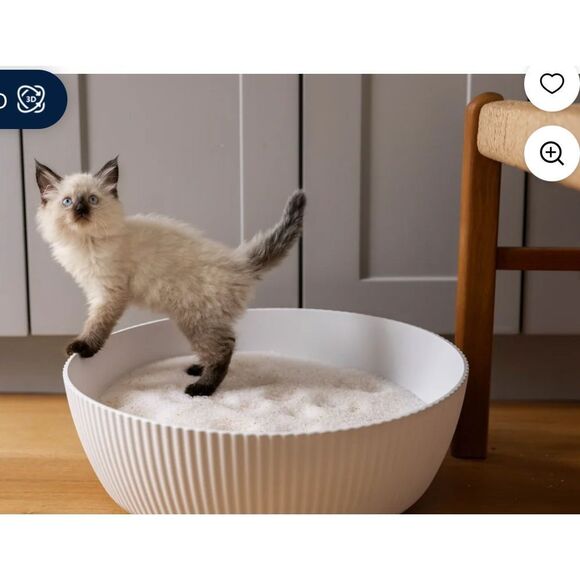 The PrettyLitter Linnea Open Cat Litter Box  minimalist white round bowl bed - Picture 3 of 11